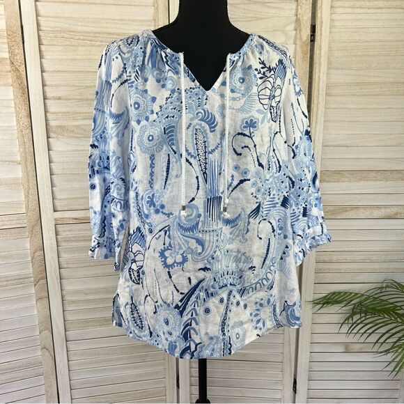 Chic Blue Patterned Women's Tunic Blouse - Picture 1 of 11